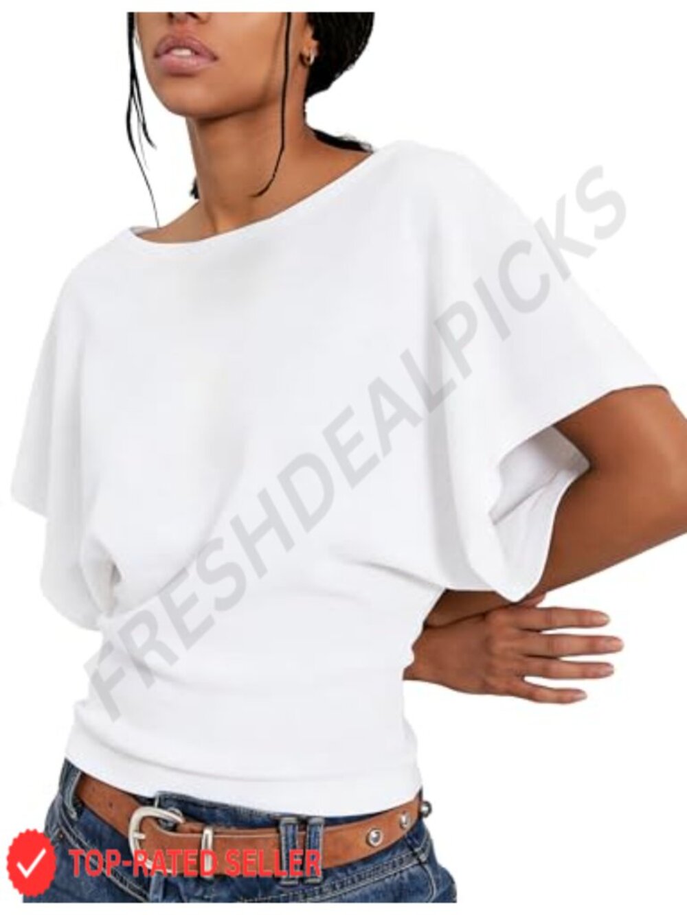Women's Boat Neck Batwing Short Sleeve Cinched Waist Loose Fit Tee Blouse